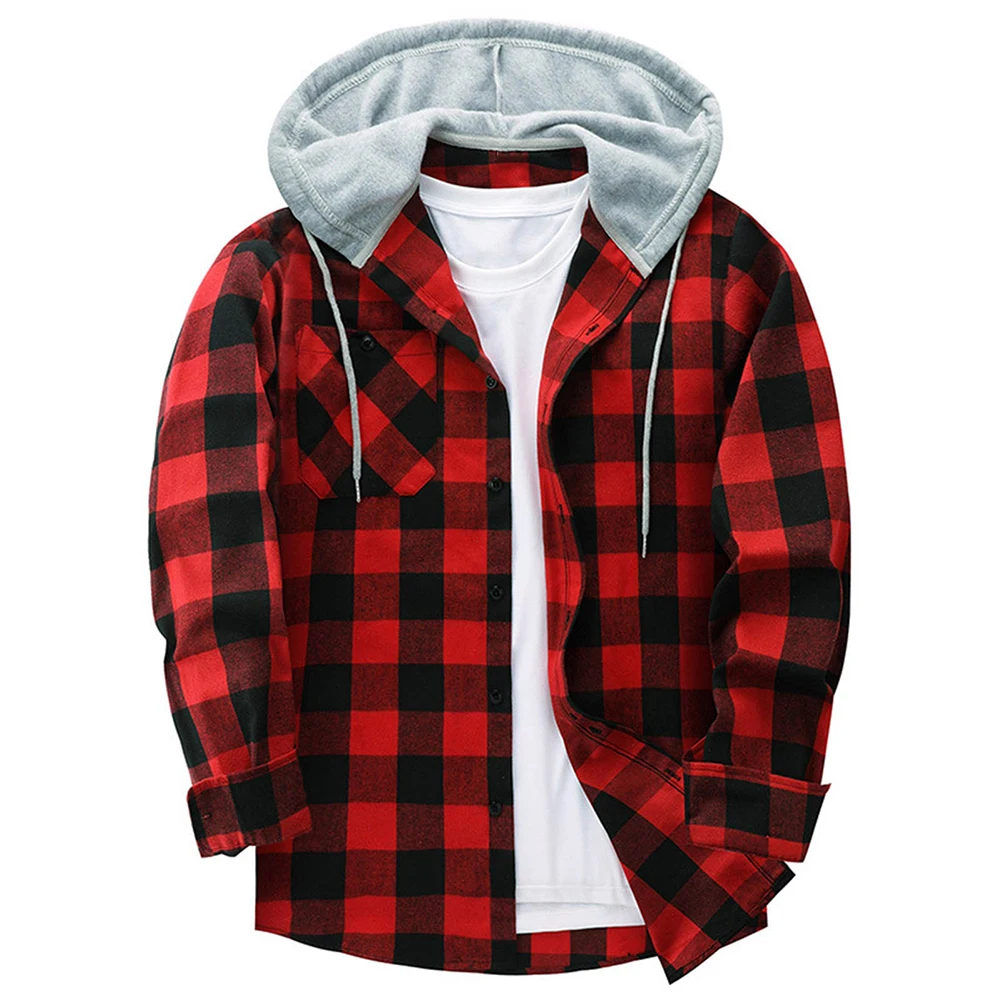 Men Plaid Long Sleeve Hooded Shirts Button Work Drawstring Casual Tops Cardigan Button Down Work Coat Male Tops Hoodie game crash bandicoot men s t shirt set boys male casual short sleeve top pants suits streetwear tops tshirts