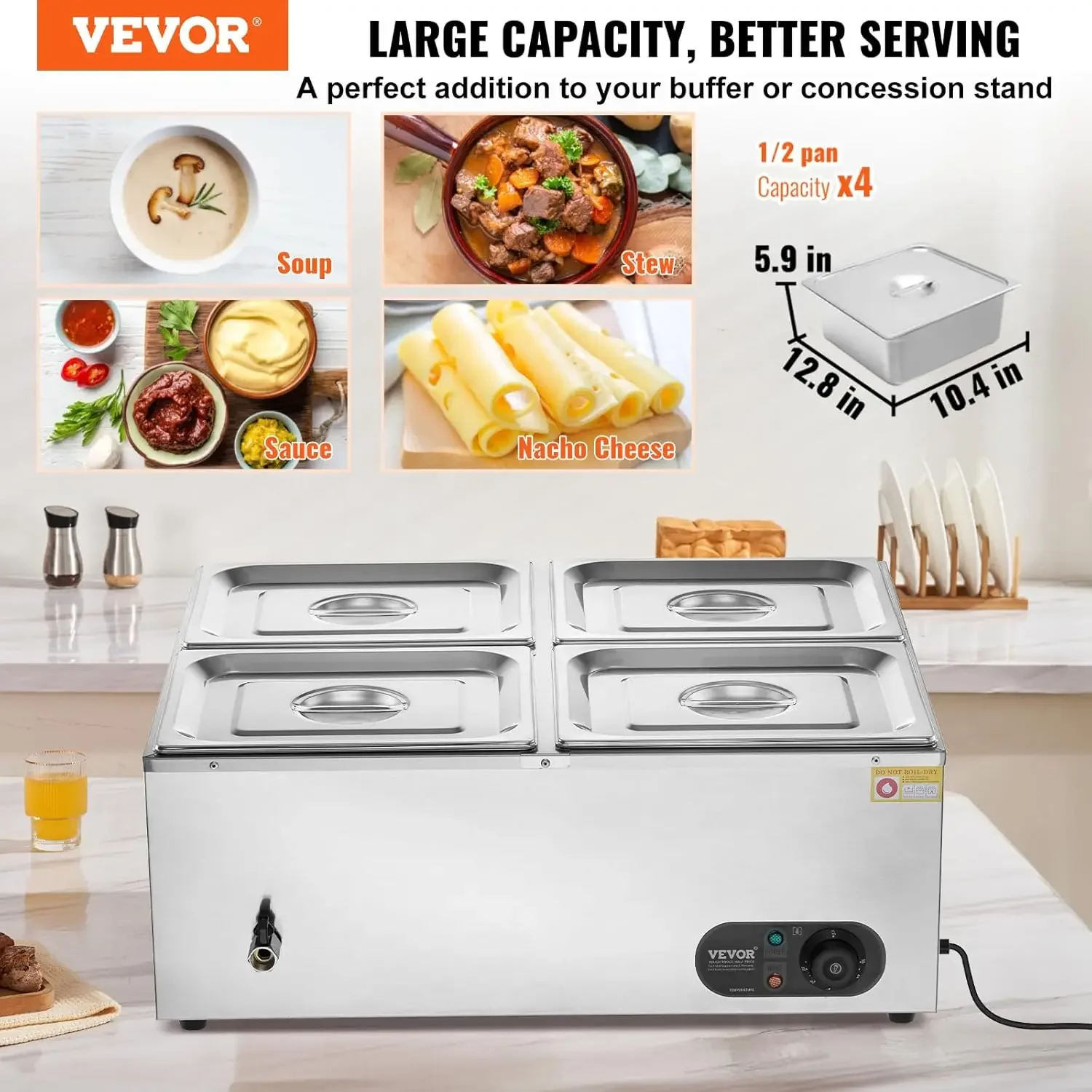 110V 4-Pan Food Warmer, 1200W Electric Steam Table 15cm/6inch Deep, Professional Stainless Steel Buffet Bain Marie 48 Quart 2