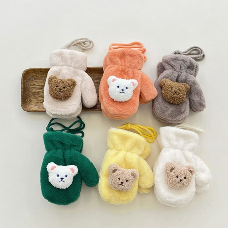 3-8 Years Children's Gloves Winter Thicken Furry Baby Mittens Cute Cartoon Bear Fleece Lined Boys Girls Outdoor Windproof Gloves kids mittens baby winter monster 0 4 years fleece mitts toddler sherpa lined hang neck soft clothing accessories unisex gloves