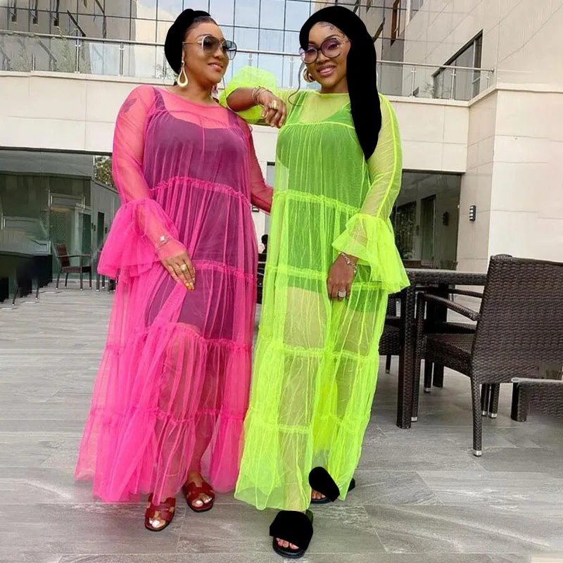 

WUHE Mesh Sheer Maxi Dress Sexy Plus Size Women Ruffles Loose Long Dresses Elegant Cover Up Beach Summer Dress Vestido Feminino