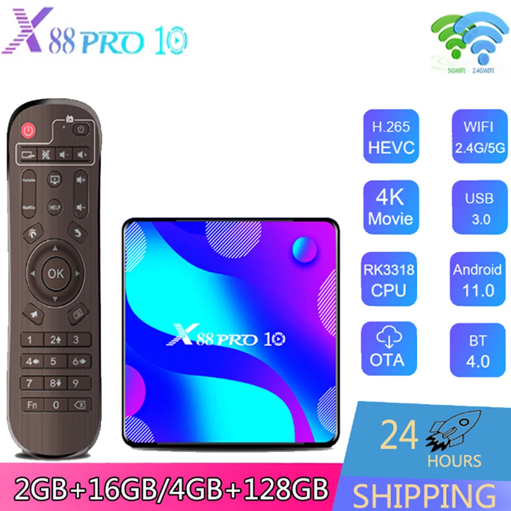 X88 Pro 10 Rk3318 Android 10.0 Smart Tv Box Quad-Core Supporto 2.4G/5.8G Dual Wifi Bt4.0 Ethernet 100M 3D 4K