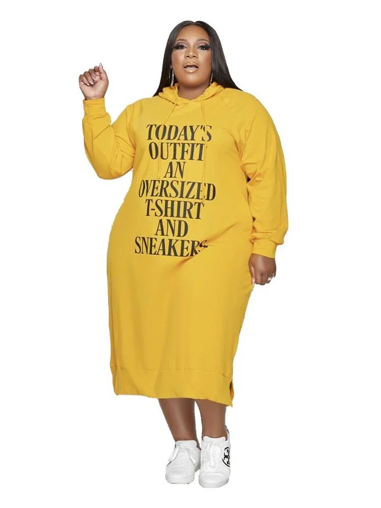 Wmstar Plus Size Women Clothing Dresses Hoodies Tracksuit Letter Print Loose Casual Pockets Maxi Dress Wholesale Dropshipping