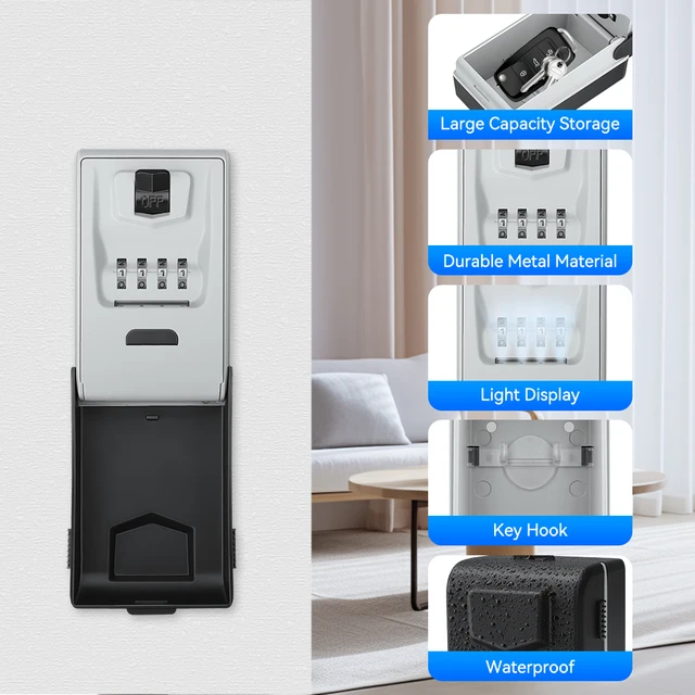 Wsdcam Wall Mounted Key Lock Box Large Capacity Security Lockbox 4 Digit Combination Outdoor Key Safe Box with LED Light 2