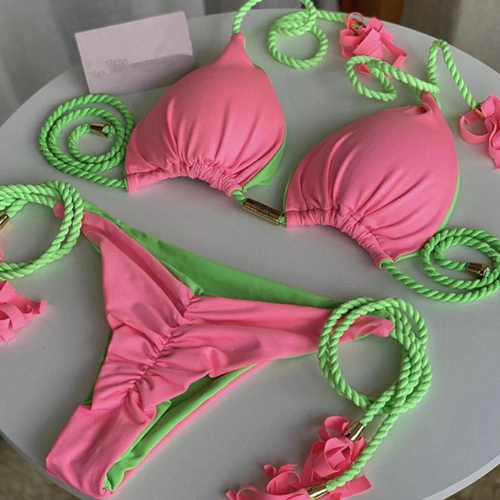 2023 Women Sexy Swimwear Push Up Bikini Set Braided String Swimwear Ruched Thong Female Elastic Bathing Suit Boyshort