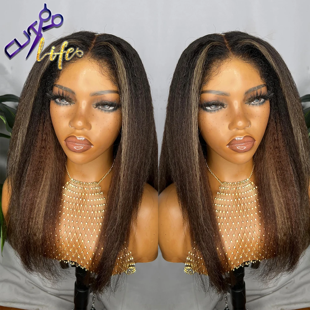 Kinky Straight 360 Full Lace Wig Wear to Go Highight Blonde Human Hair 5x7 4x4 Glueless Lace Closure Wigs With 4c Edge 250%