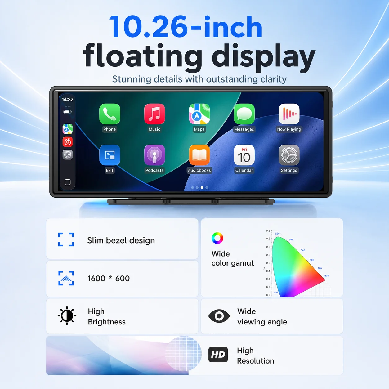 Pantalla Carplay de 10.26 Pulgadas, Reproductor Multimedia Universal Inalámbrico con Carplay y Android Auto, Control por Voz Inteligente, Pantalla Táctil, Bluetooth 2