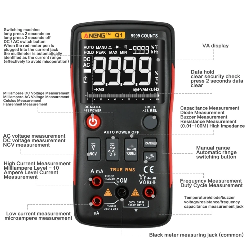 

True-RMS Digital Multimeter Auto Button 9999 Counts Analog Bar Graph Tester TOP ones
