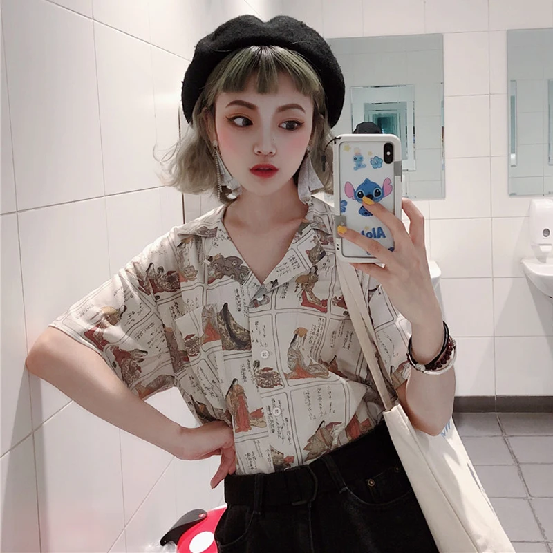 

Turn-Down Collar Lady Blouses Short Sleeve Blusas Mujer Korean Cartoon Print Streetwear Shirt Womens Tops and Blouses