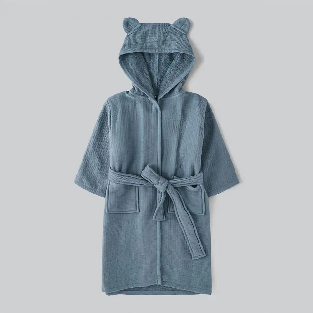 Kids Bathrobe Hooded Belted Pocket Thick Soft Quick Water Absorbent Solid Color Boys Girls Toddlers Robe Pajamas Sleepwear