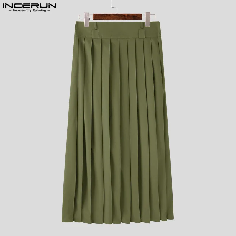 INCERUN Men Casual Skirts Solid Color Pleated Zipper Streetwear Loose Trousers Personality Leisure Fashion Men Skirts S-5XL