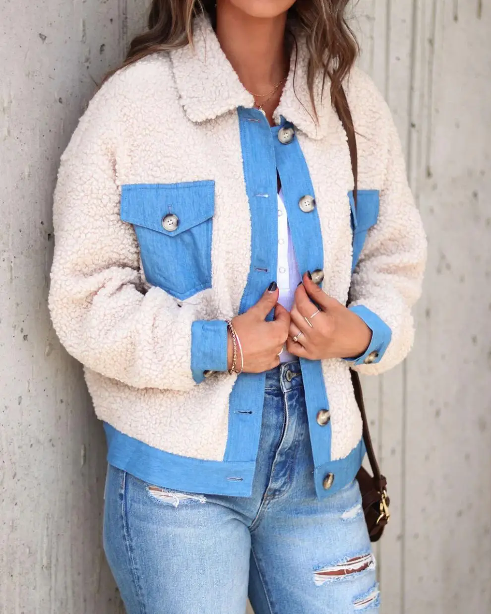 

Kpop Women's Wool Coat Short Denim Jackets Fashion Female Casual Long Sleeve Button Down Chest Pocket Slim Jacket Winter Coat