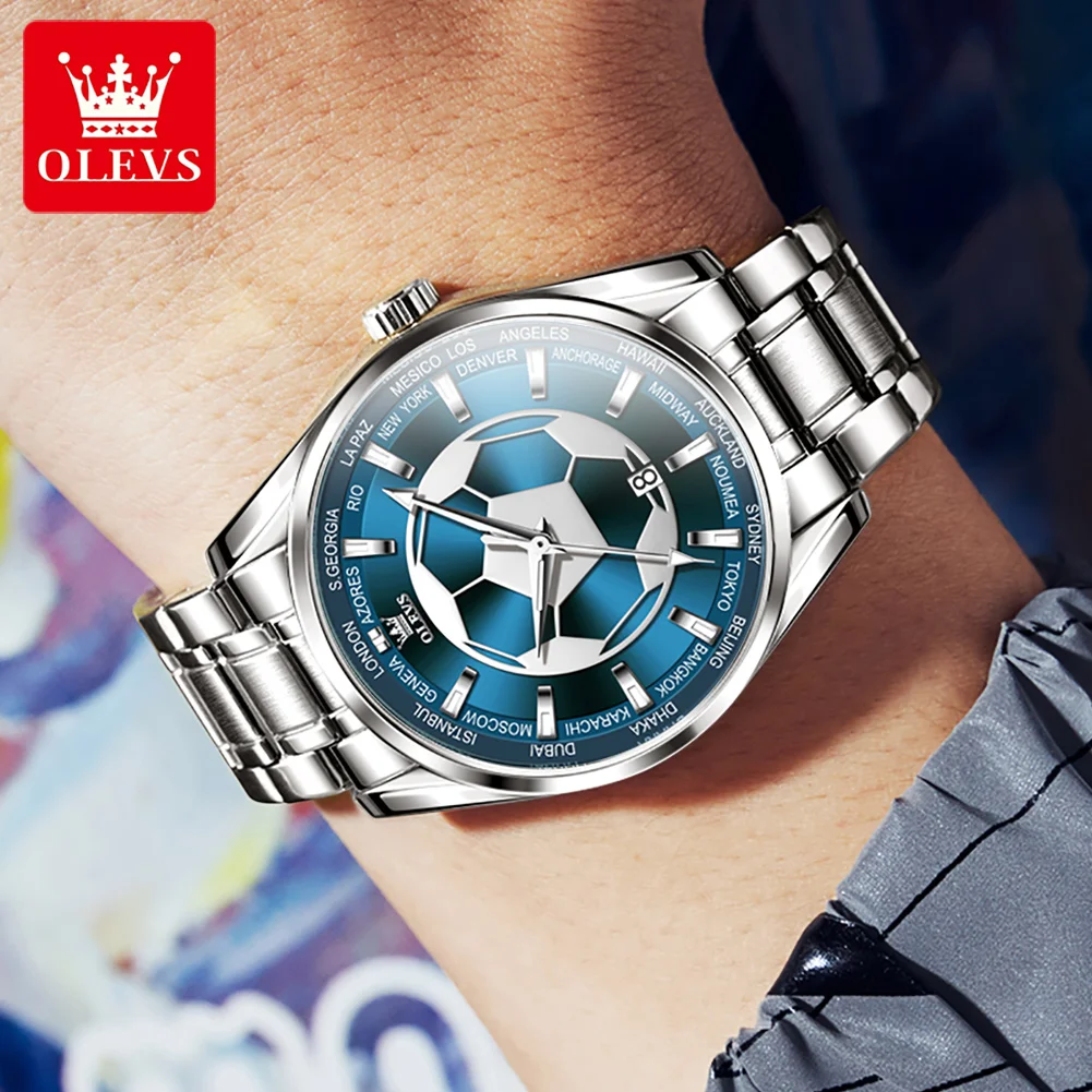 OLEVS Mens Watches Top Brand Luxury Stainless Steel Football Dial Quartz Watch for Men Sport Waterproof Luminous Relojes Hombre