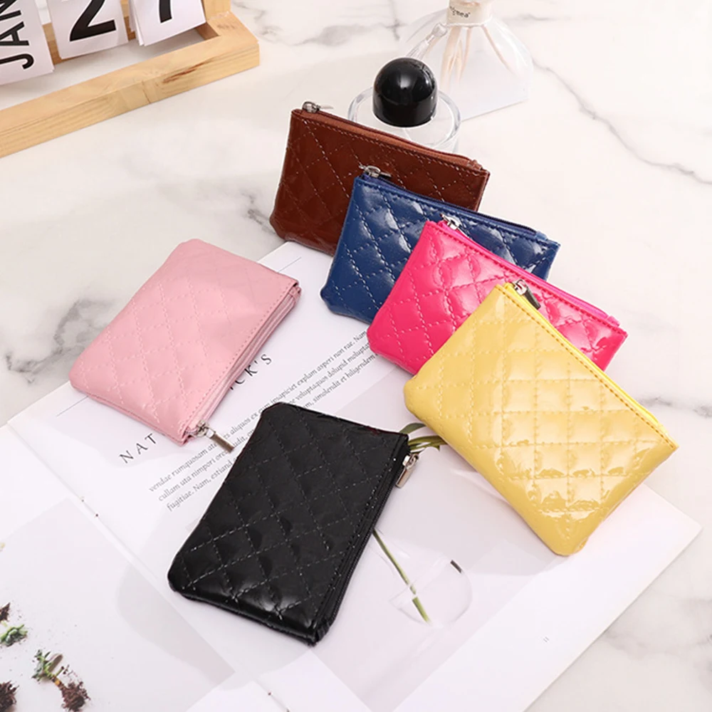 

Female Lacquer Pu Leather Coin Purse Diamond Grid Zipper Wallet Thin Mini Pocket Storage Solid Color Key Bag Key Holder