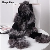Harppihop silver fox fur black color New Fox fur c/w rex rabbit fur scarf wrap cape shawl best Christmas gift birthday gift 1
