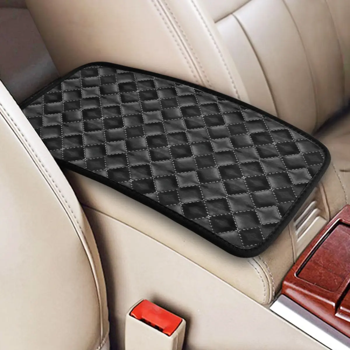 Printed Black Quilted Leather. Leather Print Car Accessories Car Handrail Box Cushion Custom Print Non-slip Car Armrest Cover