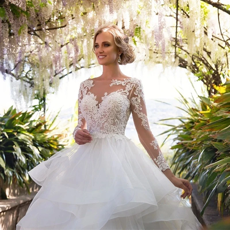 Aviana Modern Lace Appliques V-Neck Tiered A-Line Wedding Dress For Bride Floral Printed Backless Tulle Organza Robe De Mariée