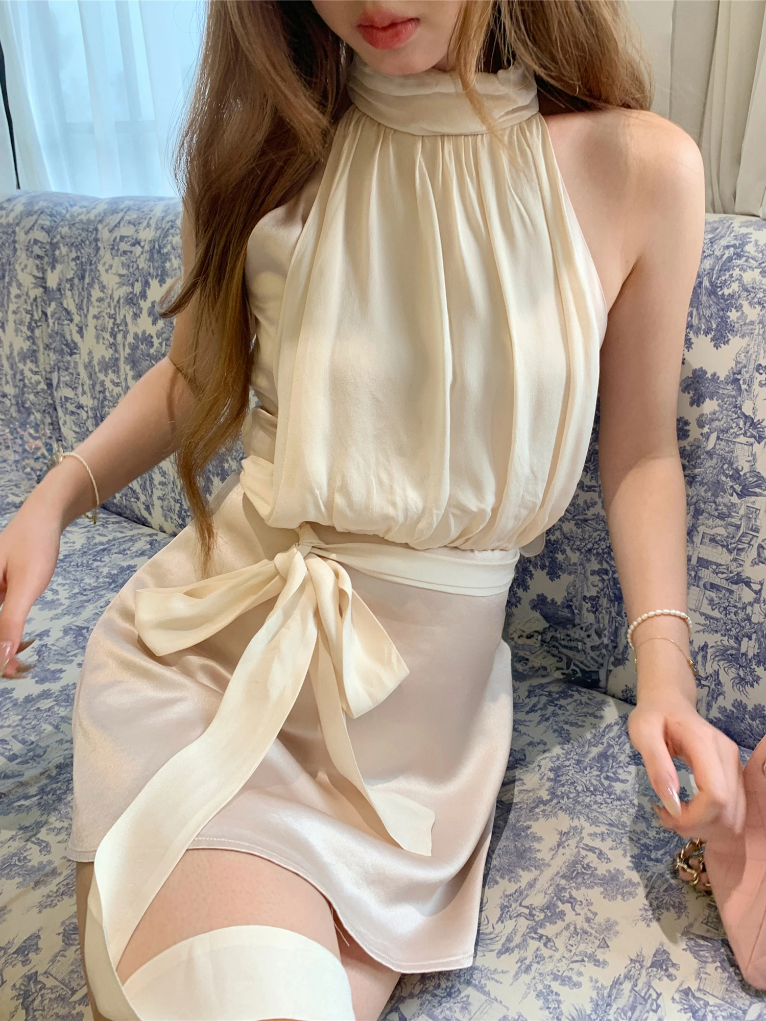 

Casual Korean Fashion Satin Dress Office Lady Outwear Sleeveless Elegant Y2k Mini Dress Sexy Outwear Elegant Beach Style Clothes