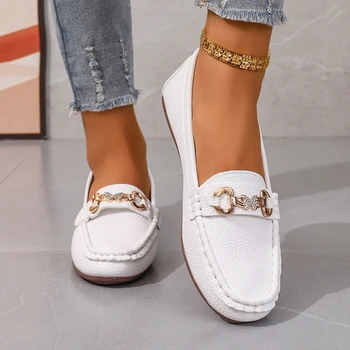 Spring Autumn New Bean Shoes Female Women Round Head Low Heel Knot Chain Casual Footwear Mother Shoes Lady Loafer 1