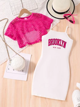 Summer girls' fashion dress two-piece set, white letter printed suspender dress, mesh short sleeved top