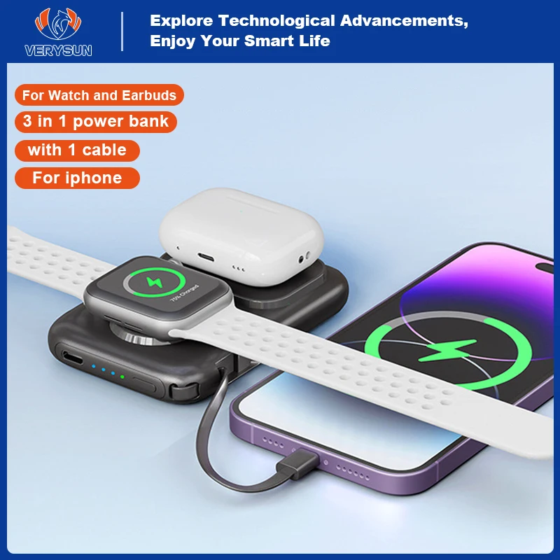

Wireless Portable Magnetic Power Bank, Watch, Earphone, Charger with Cable, Mobile Phone Powerbank, for Iphone Iwatch Earbuds