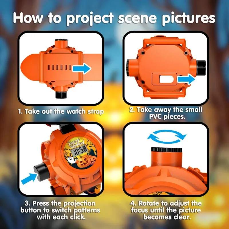 Halloween projection watch, colorful pumpkin shape flip design, is an ideal Halloween gift for children.