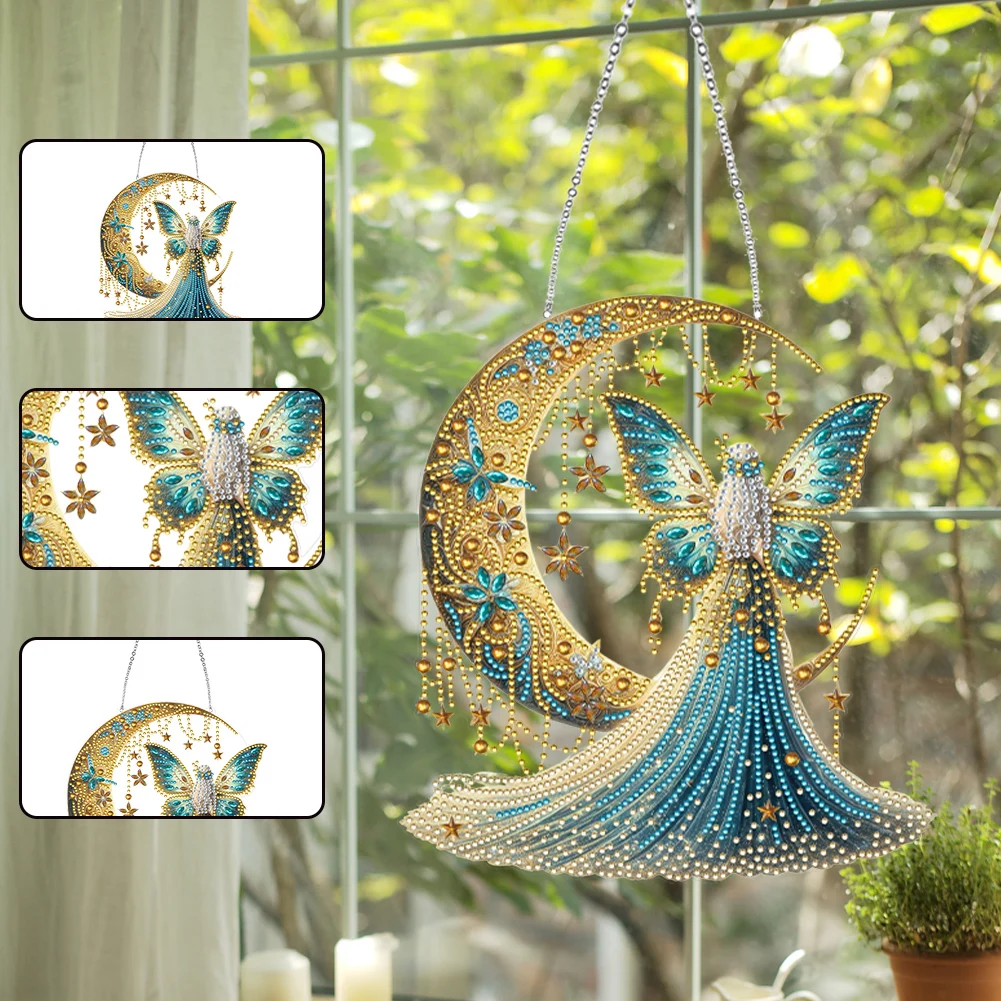 Moonlight Goddess 2D/Flat DIY Special Shape Rhinestone Diamond Art Window Pendants Diamond Painting Set Hanging Diamond Art Kits
