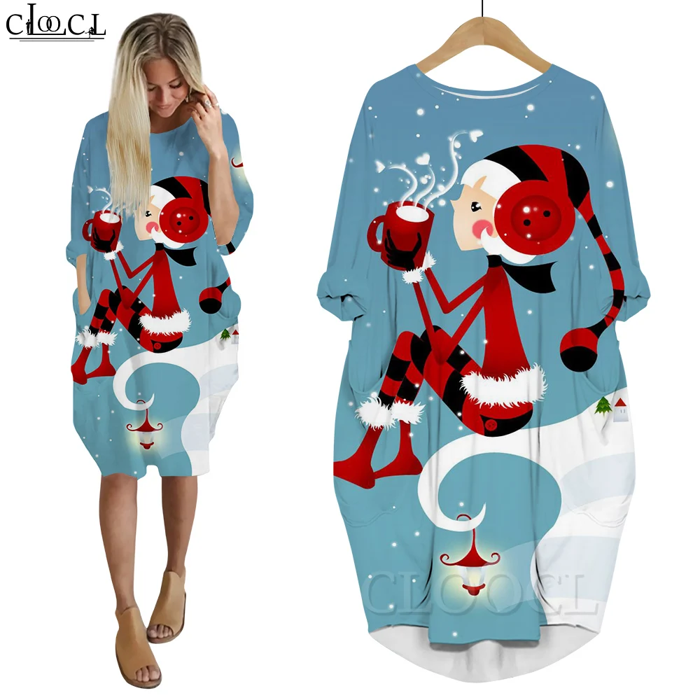

CLOOCL Dresses Long Sleeves Crew Neck Robe Femme Fashion Streetwear Christmas Girl Printing Loose Casual Dresses Pullover