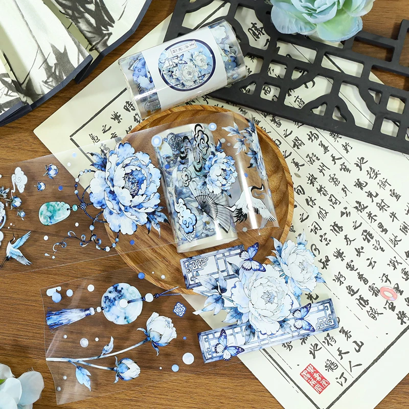 7cm * 2m 파란색과 흰색 도자기 PET 와시 테이프 모란 투명 롤 스티커 장 접착 테이프 ForScrapbooking Journal
