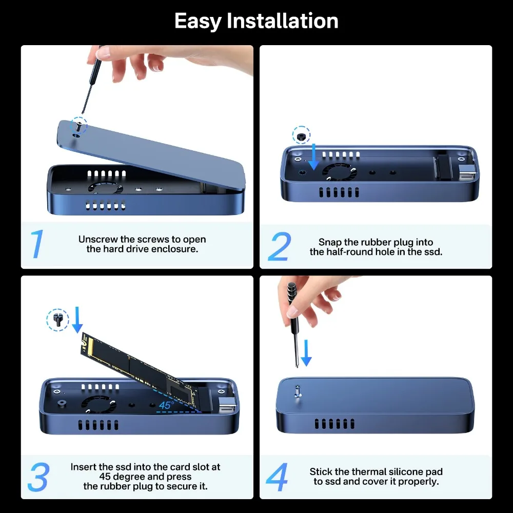 ACASIS 내장 냉각 선풍기, M.2 NVME SSD 인클로저 케이스, C타입 M2 PCIE NVME SSD 박스, 2230 2242 2260 2280, 10Gbps