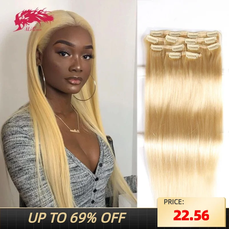 

Ali Queen Hair Straight Clip In Human Hair Extension Natural Black #613 Blonde 120G 7Pcs/pc Machine Made Human Remy Hair Bundles