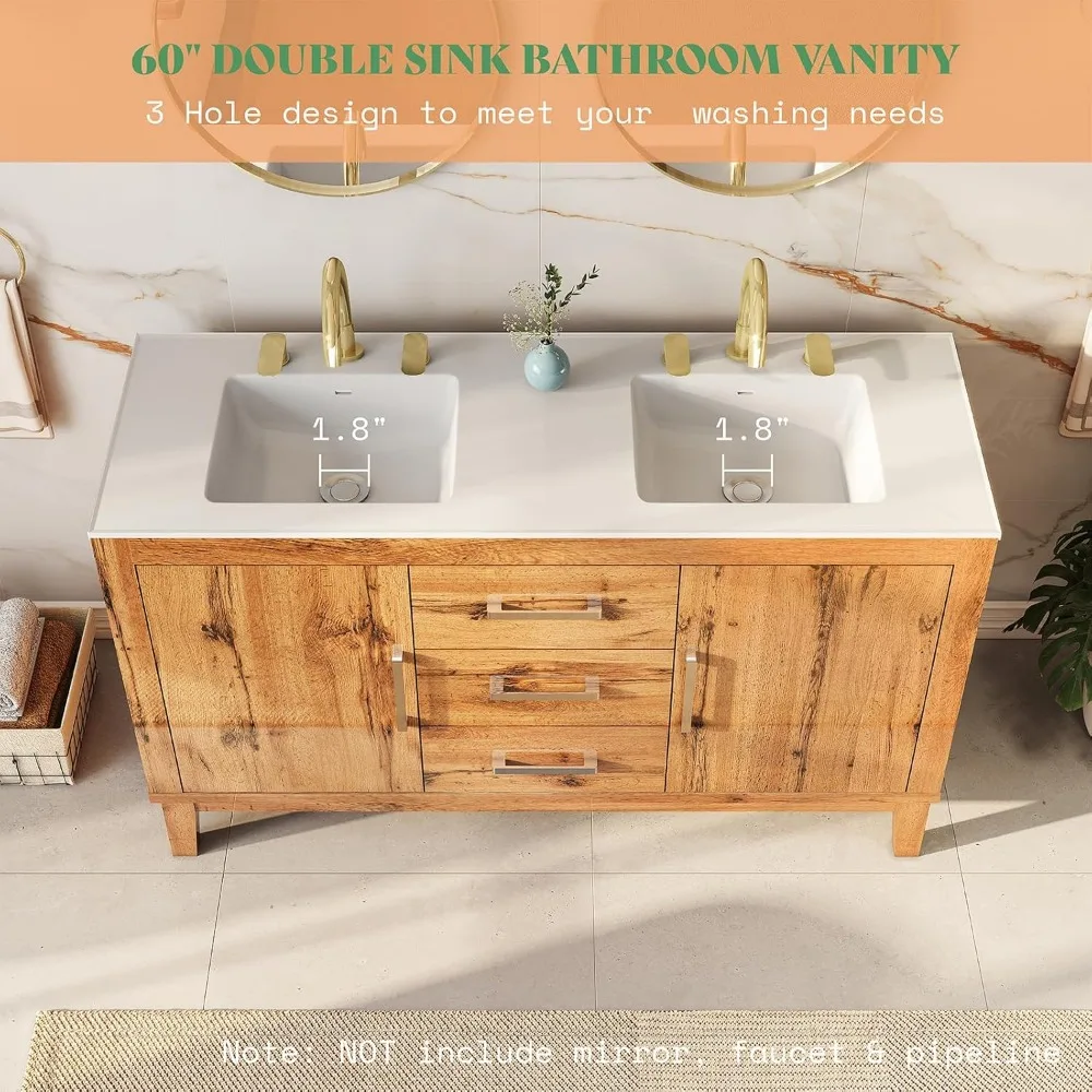 60" Double Bathroom Vanity with Sink, High Gloss Woodgrain Cabinet with 3 Hole Sink & & Drawers, Vanity with 2 Soft Close Doors 4