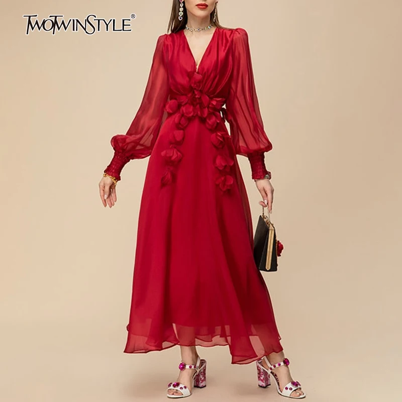 

TWOTWINSTYLE Solid Patchwork Appliques Dress For Women V Neck Lantern Sleeve High Waist Spliced Lace Up Elegant Dresses Female