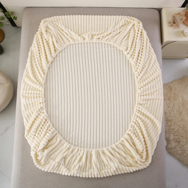 Drap-housse en peluche rayé de couleur pure, protection de matelas complet/double/Queen/King, pour chambre à coucher, appartement, universel, doux, confortable, chaud, respirant et lavable en machine, 1 pièce 6