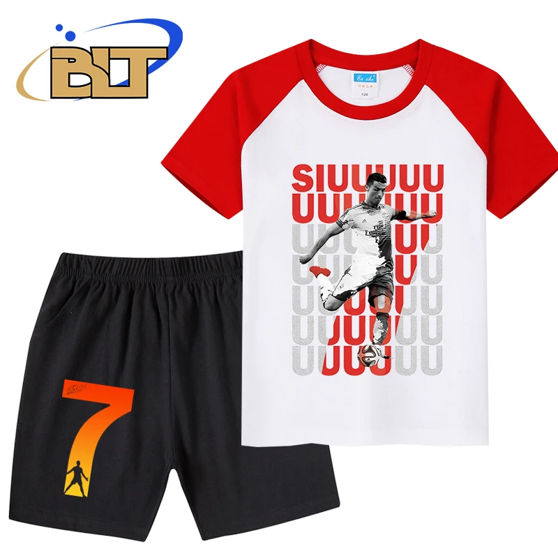 

Ronaldo printed summer kids contrasting color T-shirt set pure cotton short-sleeved shorts 2-piece set gift for boys and girls