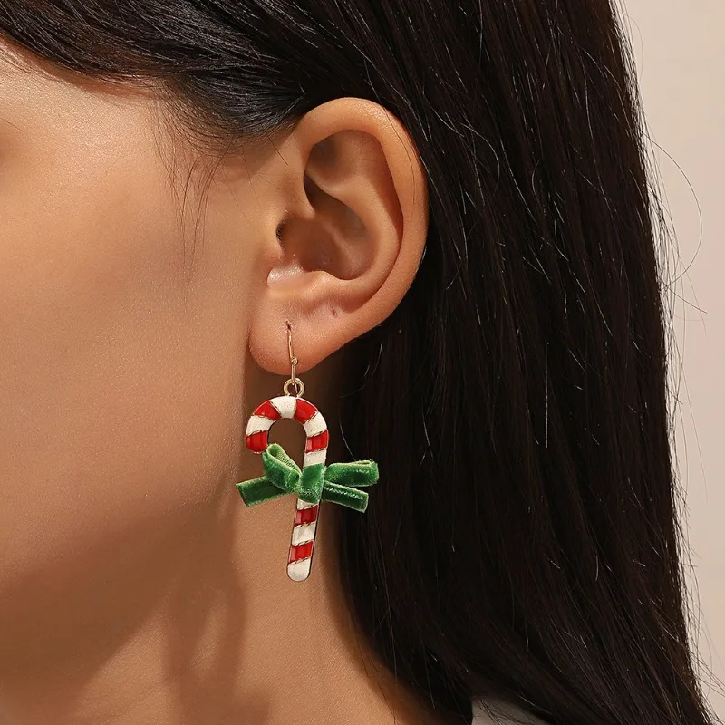 Cute Red Green Candy Cane Earrings Suitable for New Year Party Fuuny Christmas Gifts for Women Girls