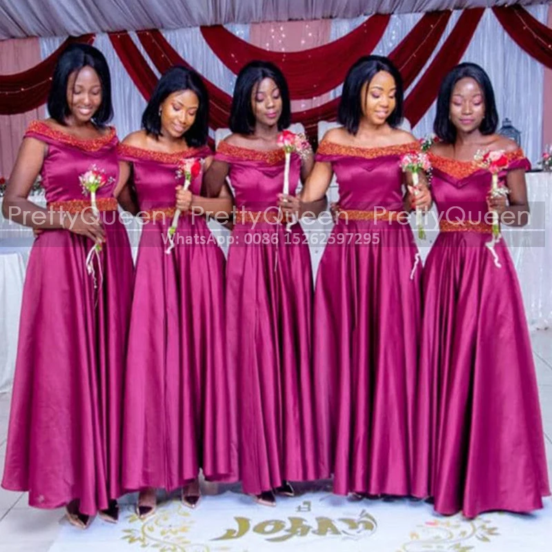 

Luxury Heavily Beaded Off Shoulder Bridesmaid Dresses Pleat A Line Long Fuchsia Ankle Length Women Wedding Party Dress