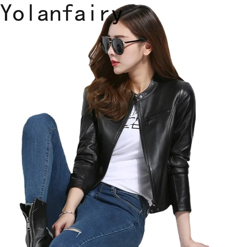 

YOLANFAIRY Geniune Leather Jacket Women Sheepskin Leather Short Motocycle Jacket Spring Autumn Jaqueta De Couro Y-1845 MF172