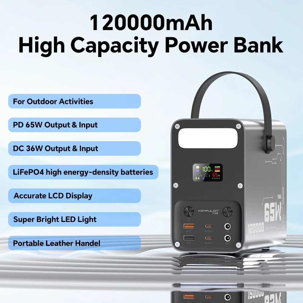 KONFULON 12000mAh 보조 배터리 PD 65W 고속 충전 대용량 휴대용 충전기 파워 스테이션 배터리 DC 36W 보조 배터리 팩