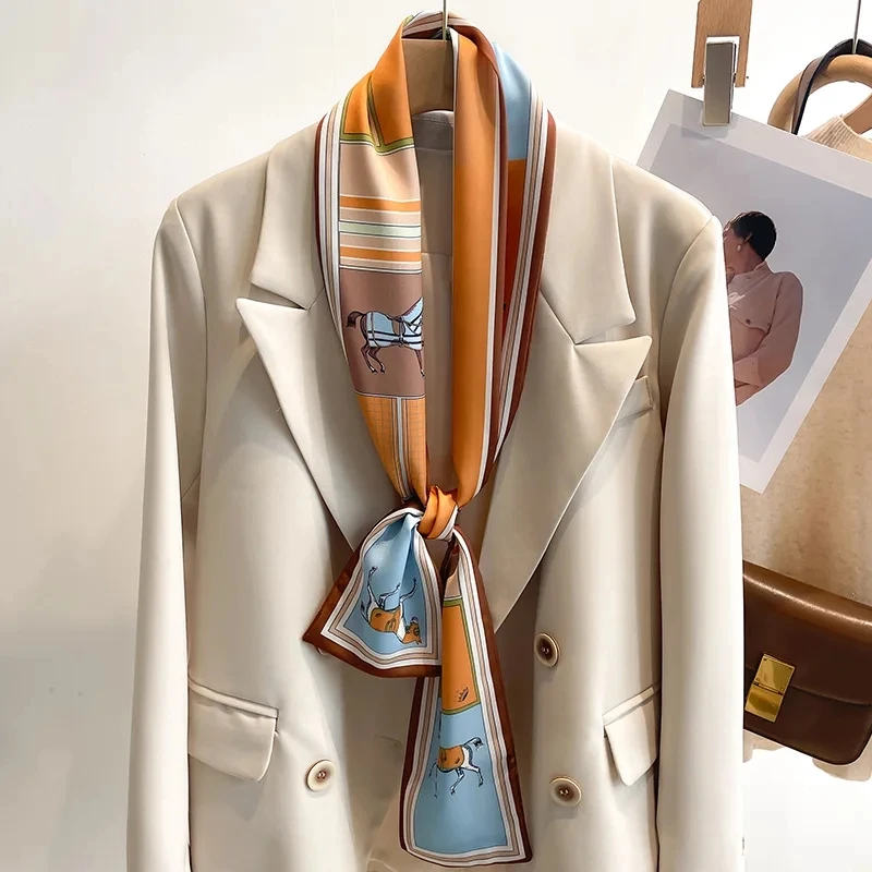 women's silk printed long narrow scarf