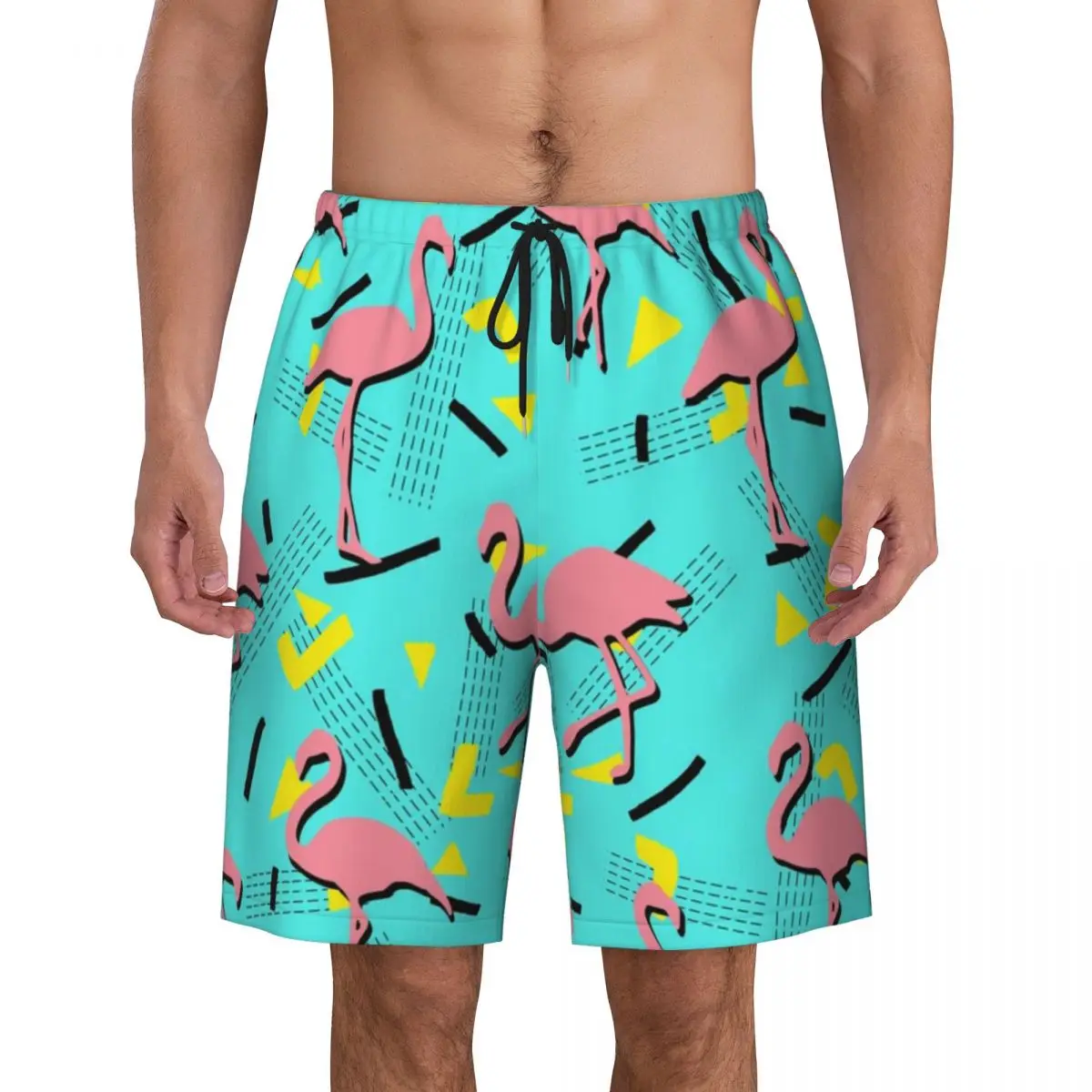 

Retro Memphis Board Shorts Summer Pink Flamingo Print Classic Board Short Pants Men's Running Surf Fast Dry Design Beach Trunks