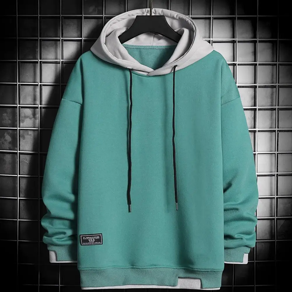 

Men Fall Winter Hoodie Fake Two-piece Drawstring Hooded Long Sleeves Thick Contrast Color Elastic Cuff Soft Warm Sports Sweatshi