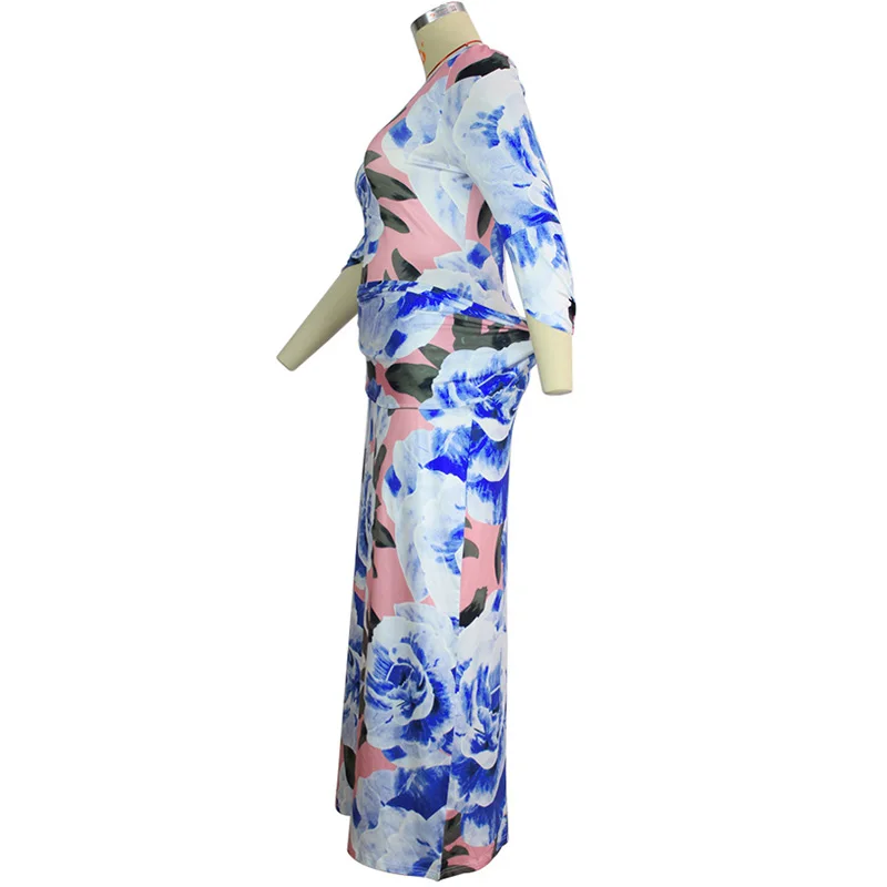Plus Size Female Clothing U-Neck Blue Pink Botany Floral Print Robe Femme Spring Autumn Commute Three Quarter Sleeves Maxi Dress