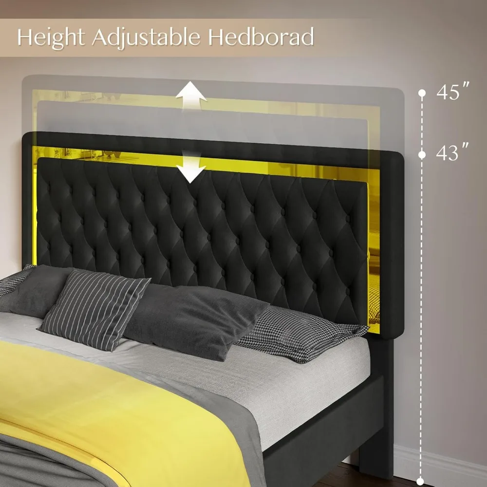 Bed Frame with LED Lights Headboard&Footboard, Velvet Upholstered Full Size Platform Bed Frame No Box Spring Need 5