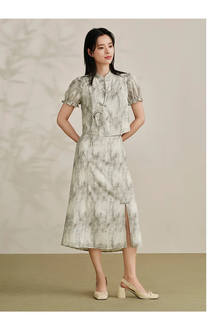 Traje de marca compartida para mujer, top corto ajustado, falda larga abierta, conjunto de ropa Guo Feng de verano de dos piezas