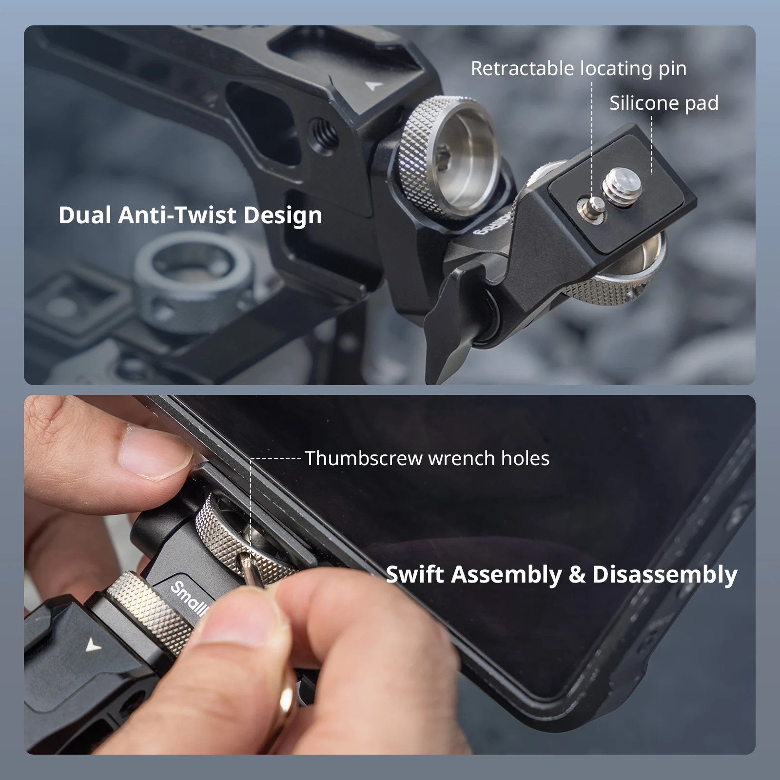 모니터 마운트 키트가 포함된 SmallRig 탑 핸들, ARRI용 3/8-16 위치 지정 구멍, 1/4-20 구멍, 360도 °   회전 및 180도 °   기울기 조절 가능