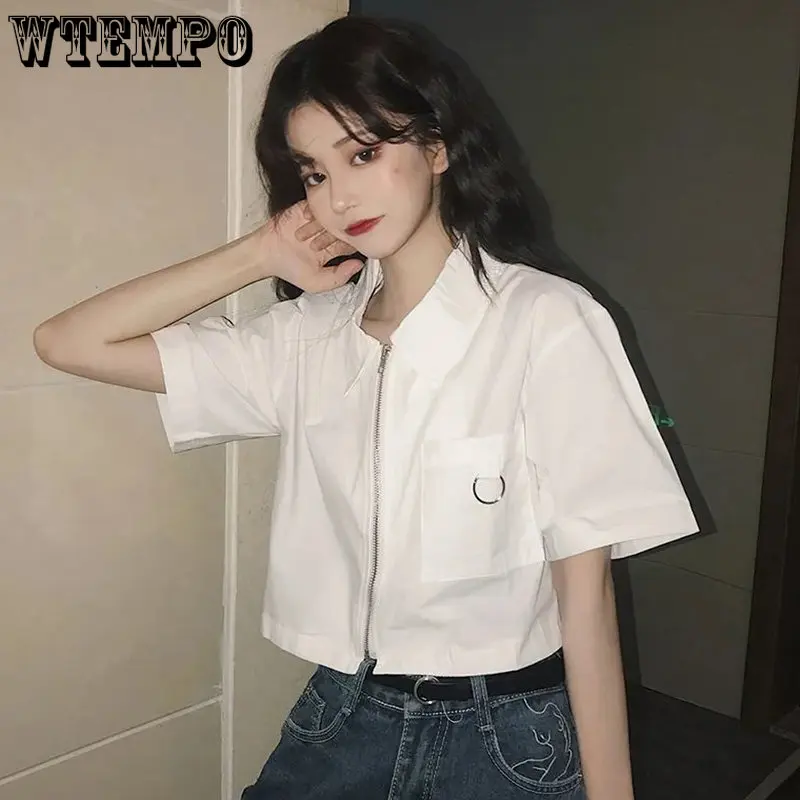 

WTEMPO Short Sleeve Black White Short Shirt Women Summer Fashion Zipper Shirts Vintage Polo Collar Casual Cropped Tops Wholesale