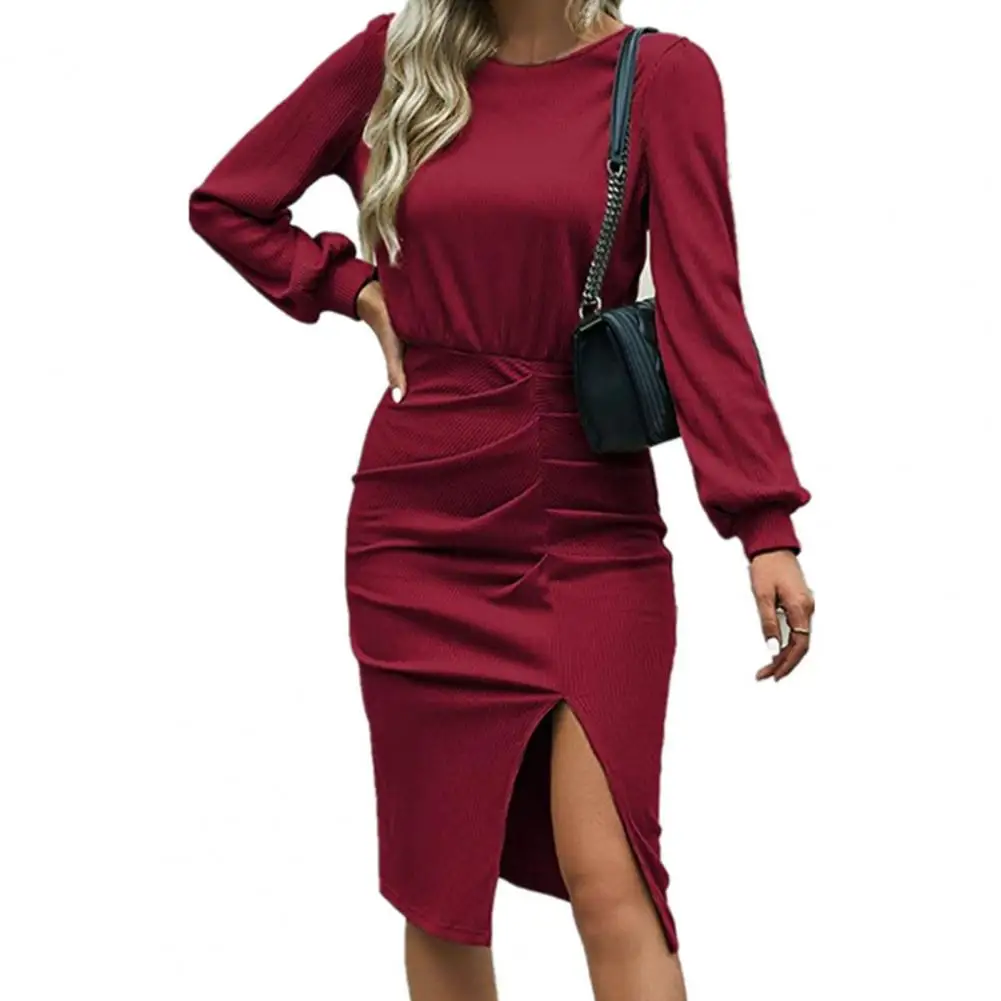 

Trendy Knitted Dress Long Sleeves Knee Length Autumn Dress Fashionable Stretchy Skinny Bodycon Knitting Dress