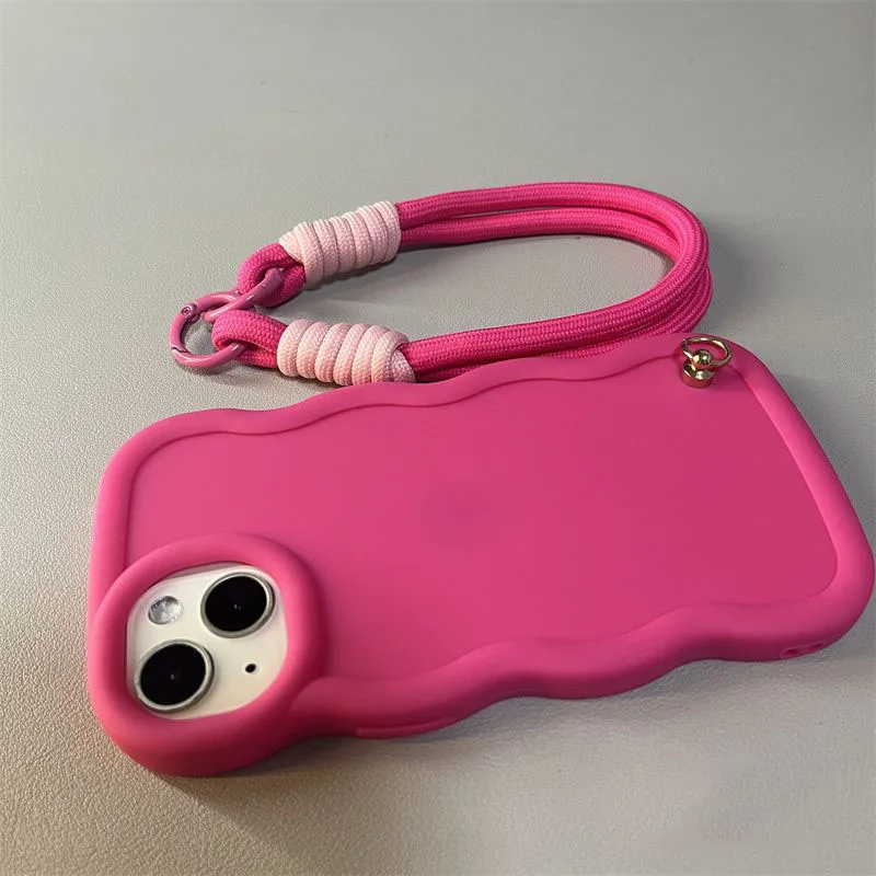 Candy Color Shockproof Phone Case with Hand Rope Strap and Curly Wave Design