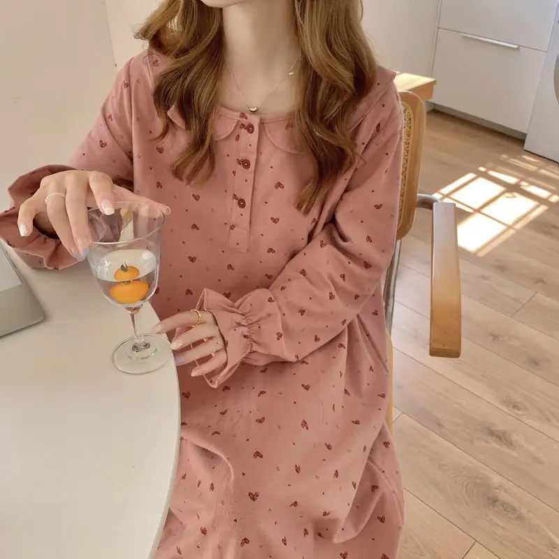 Heart Print Nightgown Sleepwear Womens Korean Style Ruffles Night Dress One Piece Pajamas Autumn Long Sleeve Home Wear women nightgowns women nightdresses women pajamas sleeping dress