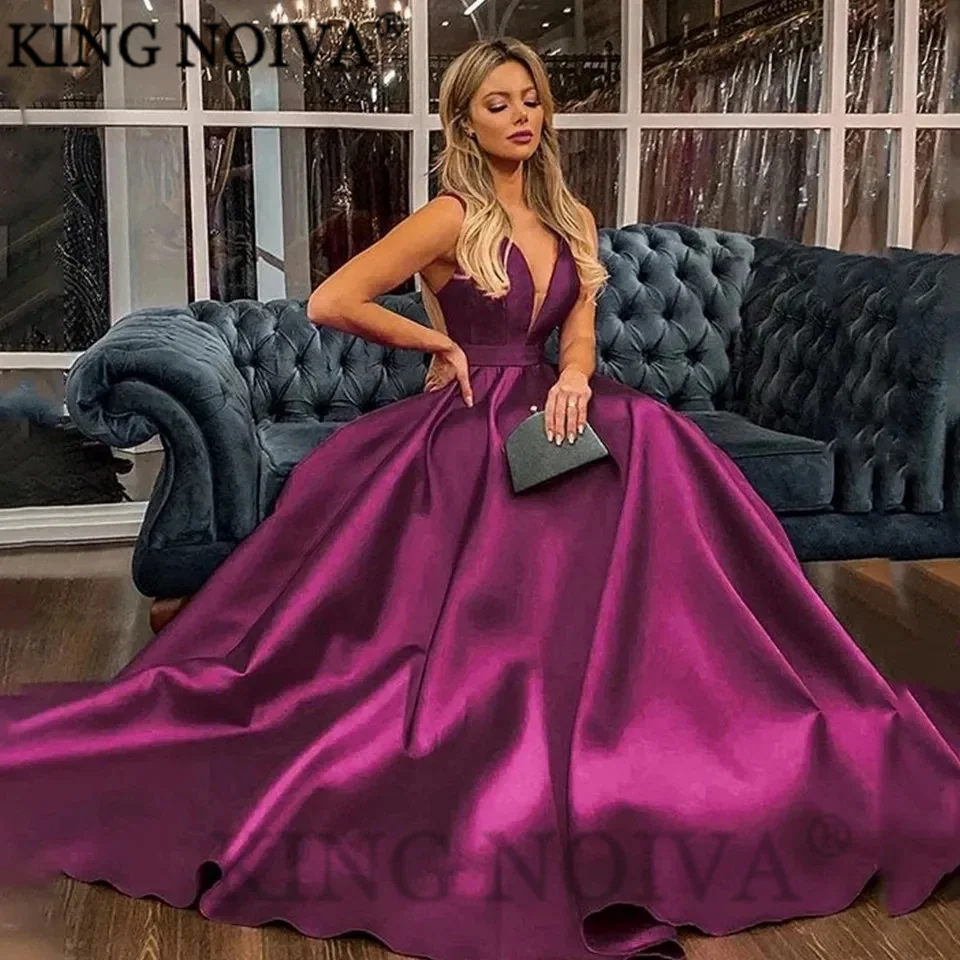 

KING Candy Color Sexy V-Neck A-Line Evening Dresses 2024 Sleeveless Backless Elegant Floor Length Prom Dress vestidos de noche